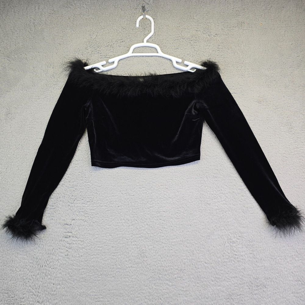 Allegra K Velour Crop Top Womens‎ XS Black Fur Trim Club Rave Whimsigoth Glam